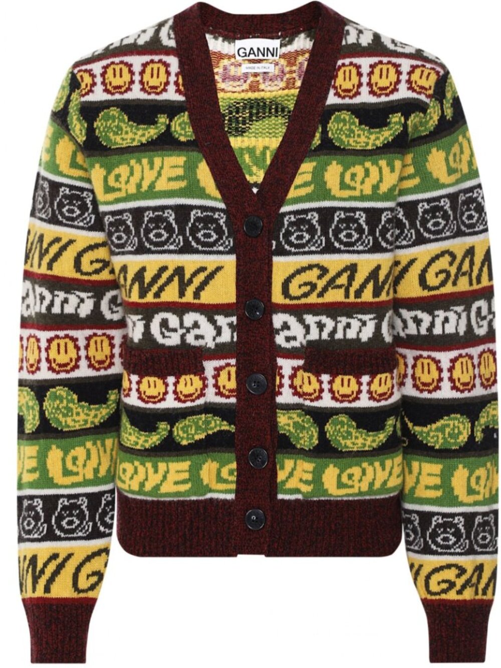 GANNI Recycled Wool Smiley Knitted V Neck Cardigan Love Bears Yellow Brown XS
